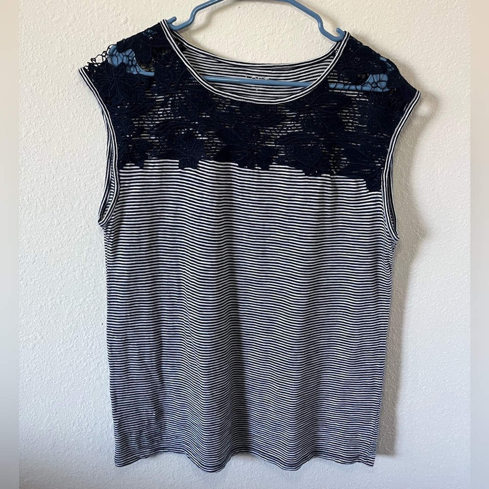 LOFT striped lace trim top, size M